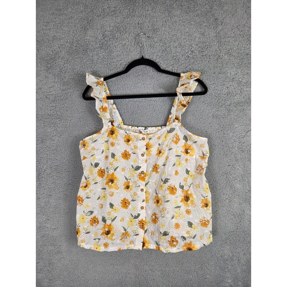 Womens Tank Top L Floral White Yellow Smocked Ruffle‎ Straps Country Garden Girl